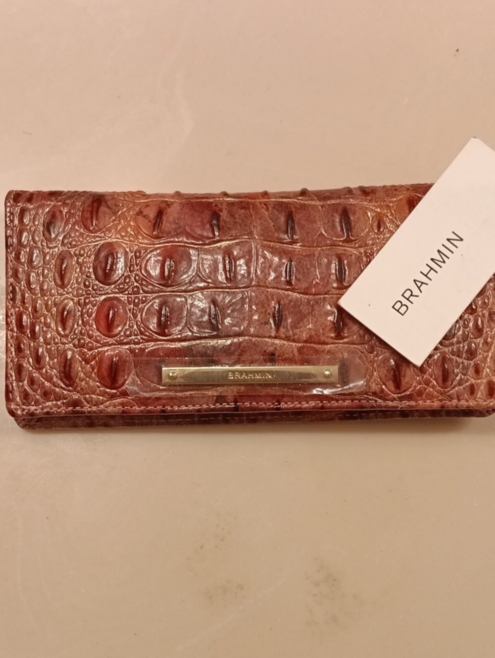 Brahmin Mahogany Croc-Embossed Leather Wallet with Gold Plate